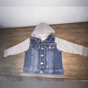 Okie Dokie Denim Jacket Hoodie 18M Blue Jean Gray Sleeves Baby Toddler